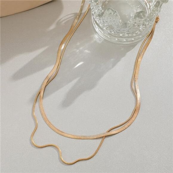 Layered Gold Chain Necklace | Cuban & Herringbone Double Chain - Picture 3 of 4